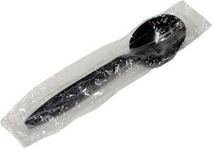 Black Disposable Plastic Poly Wrapped Soup Spoons - Heavy Weight 6