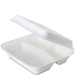 Sturdy Value Three Compartment Sugar Cane Clamshell Hinged Takeout Box - 9 x 9 x 3 in.