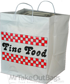 HDPE Fine Food Print Plastic Shopping Bags with Rigid Handle - 12 x 10 x 14