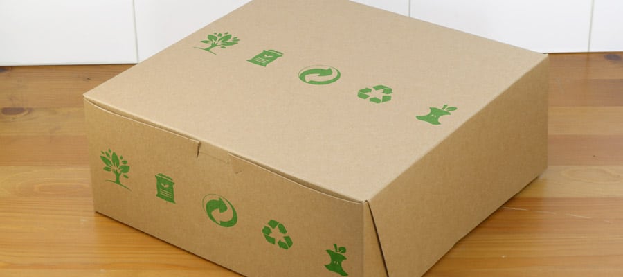 kraft bakery box with environmentally friendly icons on it