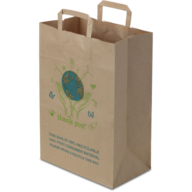 "Thank You World" Paper Grocery Bags with Handles, 100% Post Consumer - 12 x 7 x 17 in