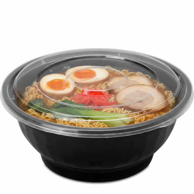 36 oz. Black Round Plastic Noodle Bowls w. Lid