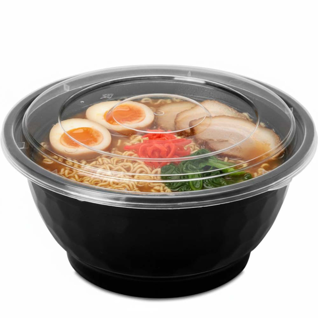 42 oz. Black Round Plastic Noodle Bowls w. Lid