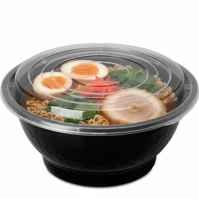 50 oz. Black Round Plastic Noodle Bowls w. Lid