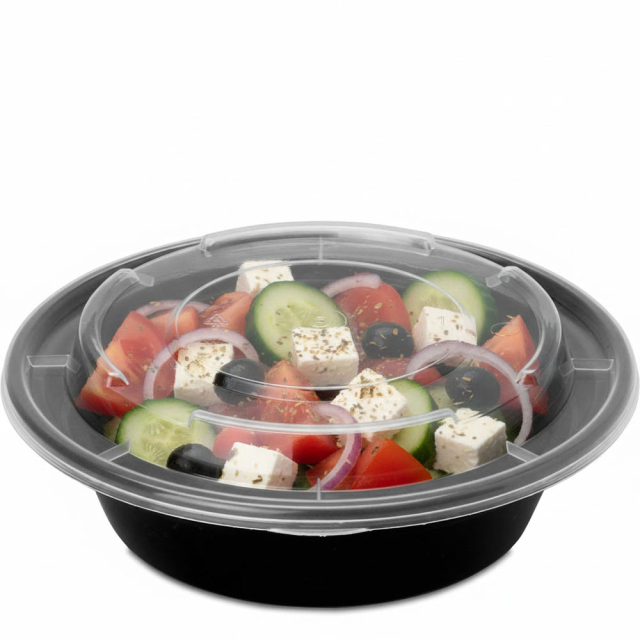 16 oz. Round Plastic Food Container - Black Base w. Clear Lid