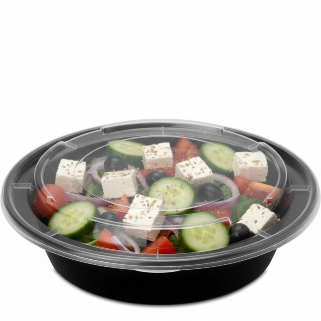 24 oz. Round Plastic Food Container - Black Base w. Clear Lid
