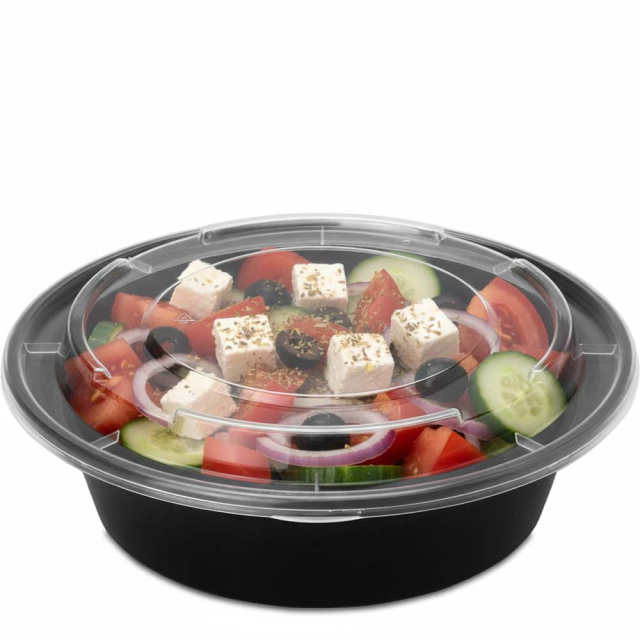32 oz. Round Plastic Food Container - Black Base w. Clear Lid