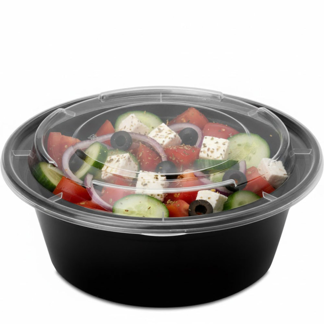 40 oz. Round Plastic Food Container - Black Base w. Clear Lid