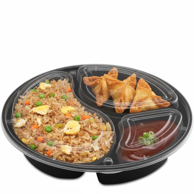 45 oz. Round 3 Compartment Plastic Food Container Combo Pack w. Divided Lid