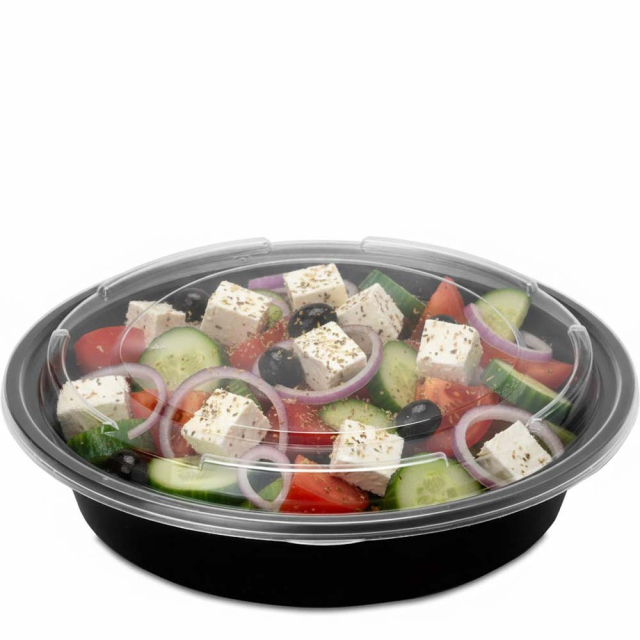 48 oz. Round Plastic Food Container - Black Base w. Clear Lid