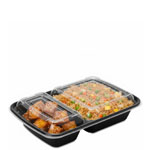 32 oz. Black Two Compartment Plastic Food Container Combo Pack with Divided Lid