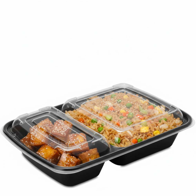 32 oz. Black Two Compartment Plastic Food Container Combo Pack with Divided Lid