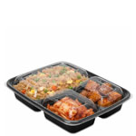 33 oz. Black Three Compartment Plastic Food Container Combo Pack with Divided Lid