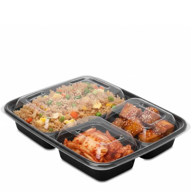 33 oz. Black Three Compartment Plastic Food Container Combo Pack with Divided Lid