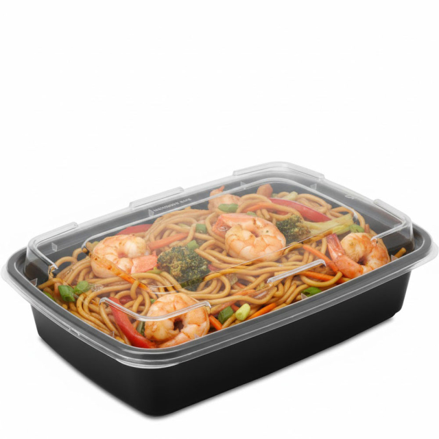 38 oz. Black Rectangular Microwaveable Food Container w. Lid