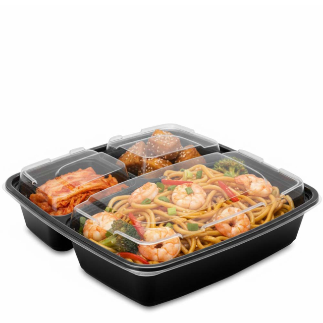 48 oz. Black Three Compartment Plastic Food Container Combo Pack with Divided Lid