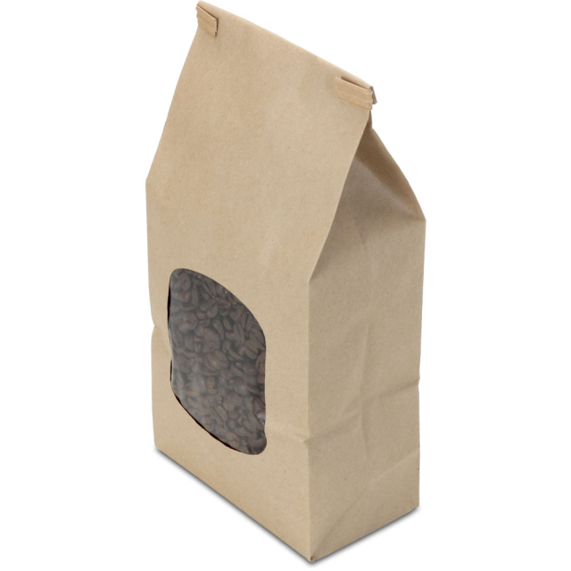 1 lb. Natural Brown Kraft Window Tin Tie Coffee Bags with Polyactide (PLA) Liner
