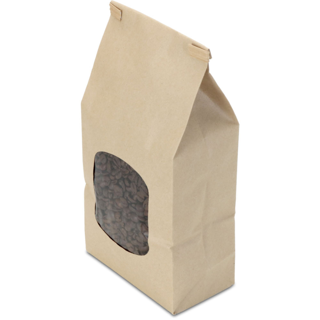 1 lb. Natural Brown Kraft Window Tin Tie Coffee Bags with Polyactide (PLA) Liner