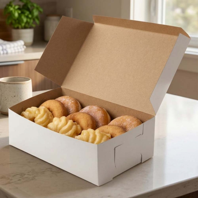 White Donut Bakery Boxes 1 Piece Lock Corner - 10.25 x 6.25 x 3.5 in.