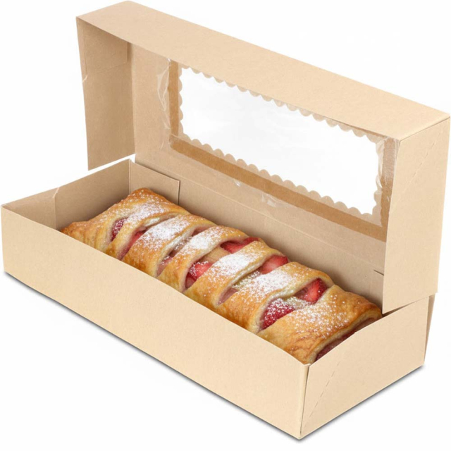 12.5 x 5.5 x 2.25" Premium Semi-Automatic Brown Kraft Bakery Boxes with Window