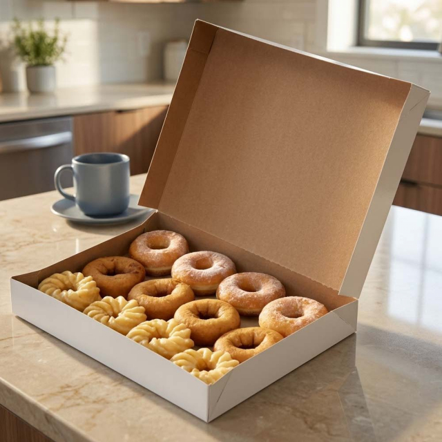 15 x 11-1/2 x 2" - White Donut Bakery Boxes With Natural Kraft Interior - Automatic One-Piece Design