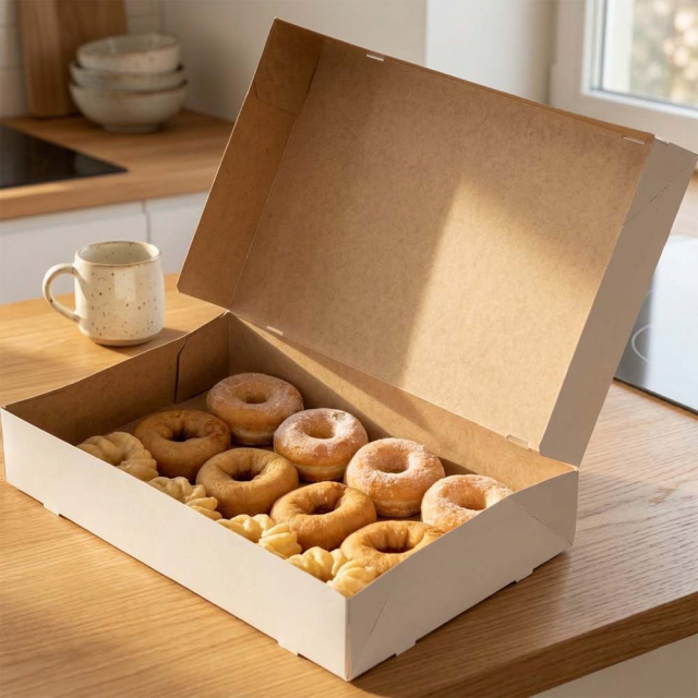 17 x 11 x 3" - White Donut Bakery Boxes With Natural Kraft Interior - Automatic One-Piece Design