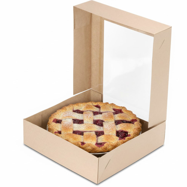 9 x 9 x 2.5" Semi-Automatic Recycled  Brown Kraft Bakery Boxes with Waterfall Window