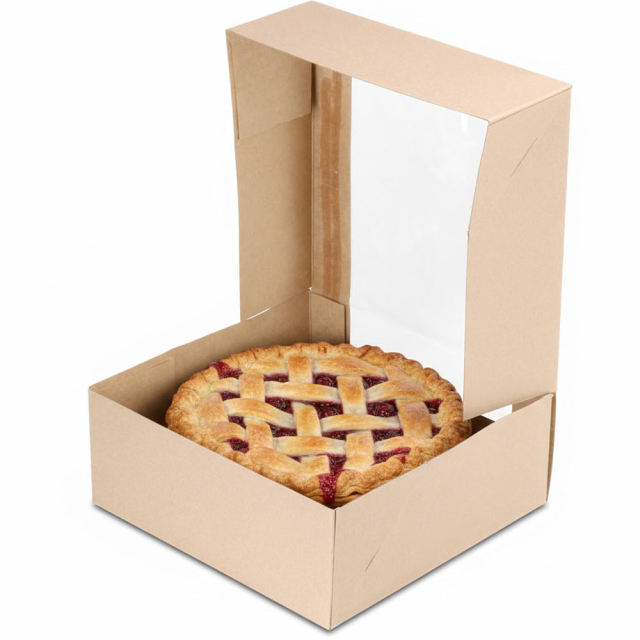9 x 9 x 3.5" Semi-Automatic Recycled Brown Kraft Pie / Bakery Boxes with Waterfall Window