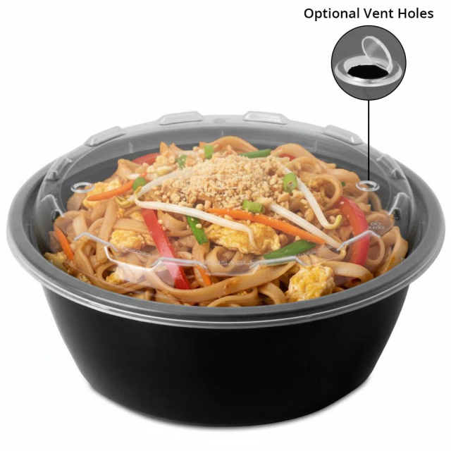 32 oz. Round Plastic Vent-able Food Container - Black Base / Clear Lid