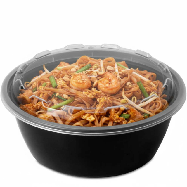 32 oz. Round Plastic Food Container - Black Base / Clear Lid