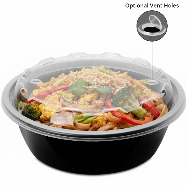 18 oz. Round Plastic Vent-able Food Container - Black Base /  Clear Lid