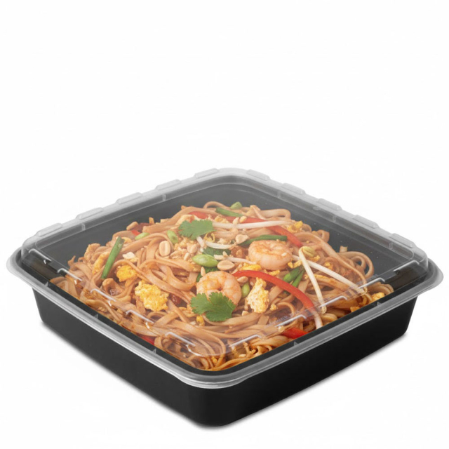 48 oz. Square Plastic Food Container - Black Base/Clear Lid
