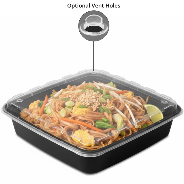 48 oz. Square Plastic Vent-able Food Container - Black Base/Clear Lid