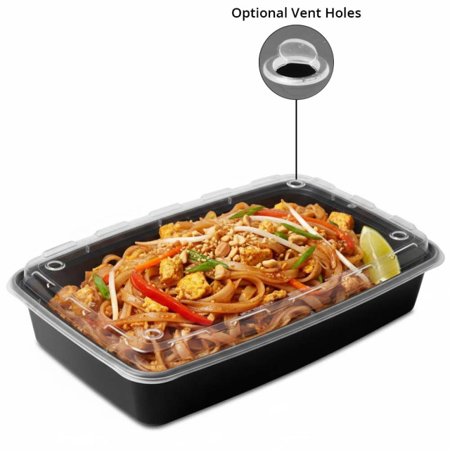 48 oz. Rectangular Plastic Vent-able Food Container - Black Base/ Clear Lid