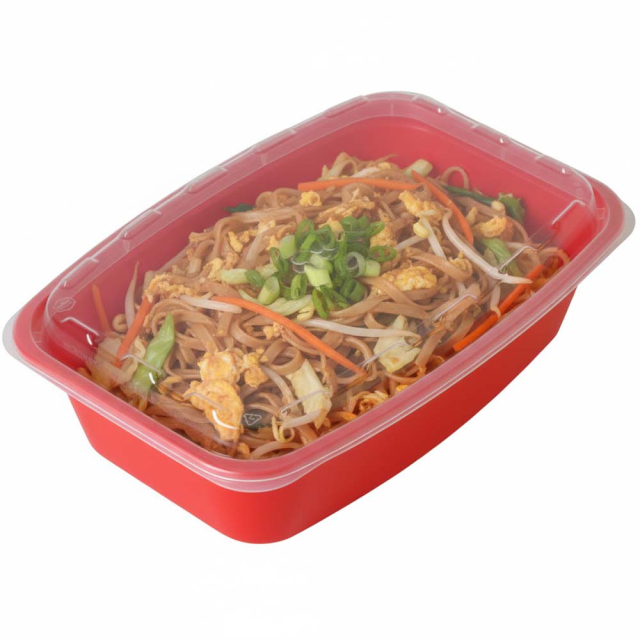 38 oz. Rectangular Plastic Food Container - Red Base with Clear Lid