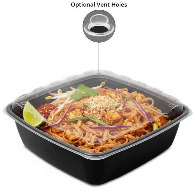 64 oz. Square Plastic Vent-able Food Container - Black Base/Clear Lid