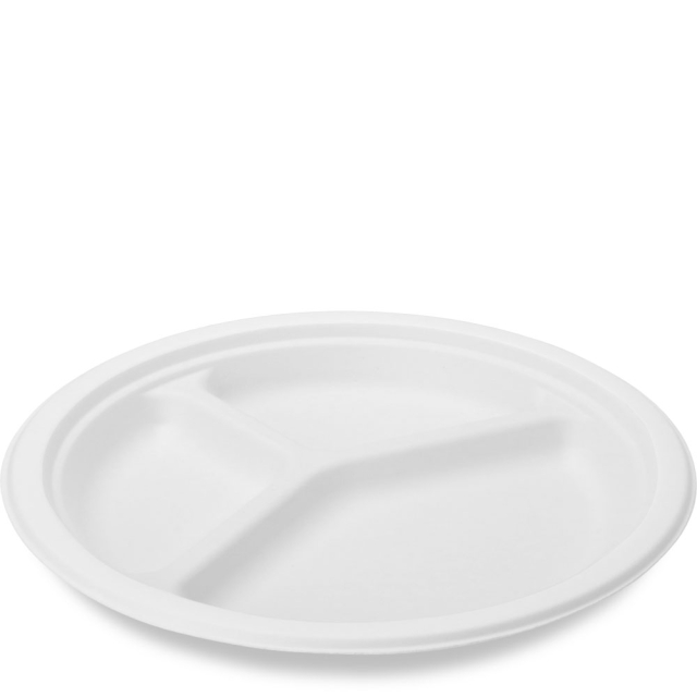 10" Sturdy Value Three Compartment White Sugar Cane Fiber Dinner Plate