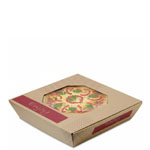16 in. Catering Square with Window - Natural Brown Kraft with Red "Tasty", "Enjoy" Design