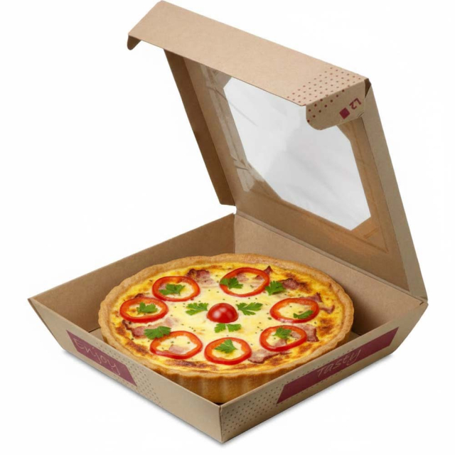 16 in. Catering Square with Window - Natural Brown Kraft with Red "Tasty", "Enjoy" Design