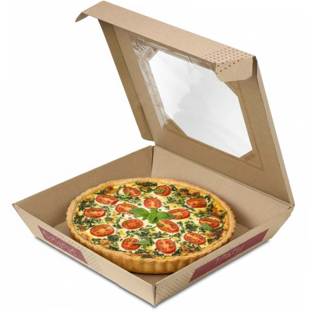 18 in. Catering Square with Window - Natural Brown Kraft with Red "Tasty", "Enjoy" Design