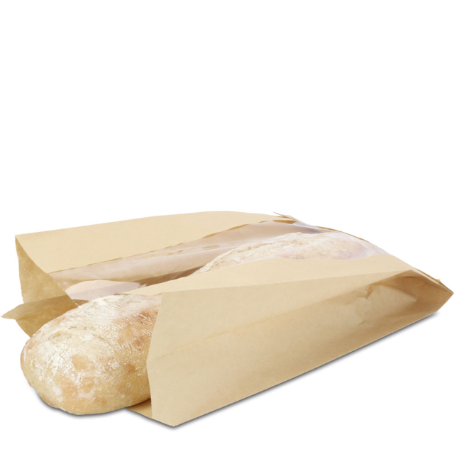 Paper Bread Bag with PLA Window - Plain Kraft - 8.5 x 4.5 x 14 in.