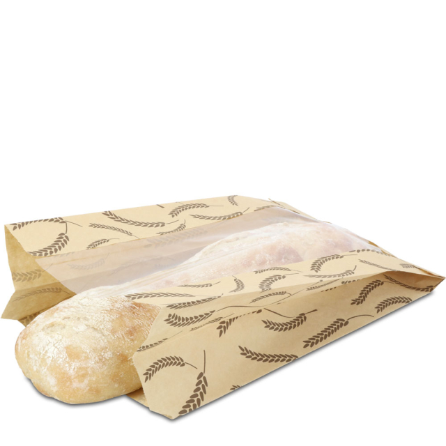 Paper Bread Bag with PLA Window - Wheat Print Kraft - 8.5 x 4.5 x 14 in.