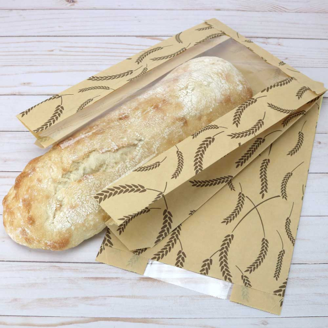 Paper Bread Bag with PLA Window - Wheat Print Kraft - 8.5 x 4.5 x 14 in.