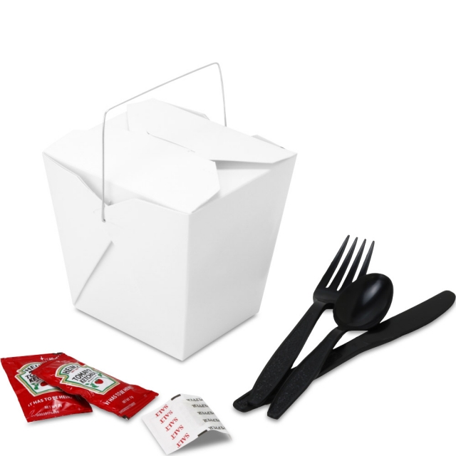 White FoldPak LARGE Chinese Take Out Boxes with Wire Handle