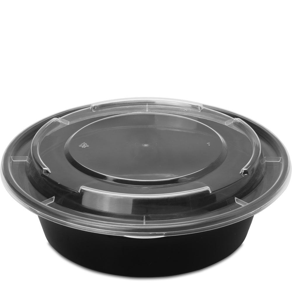 7 x 2 – 32 OZ - Round Plastic Food Takeout Containers - Black Base/Clear Lid