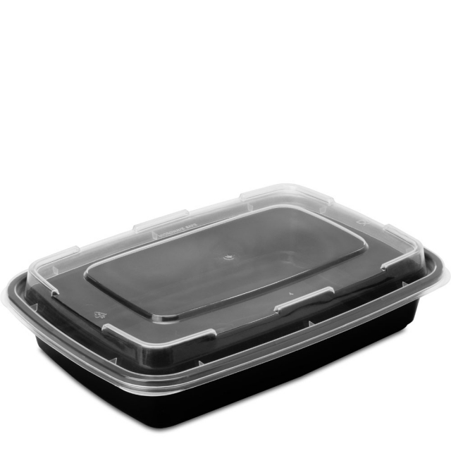 28 oz. Black Rectangular Microwaveable Food Container w. Lid
