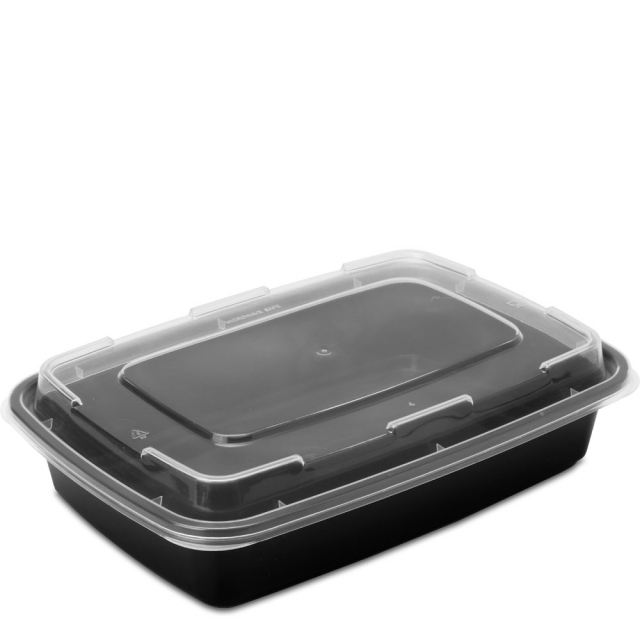 32 oz. Black Rectangular Microwaveable Food Container w. Lid