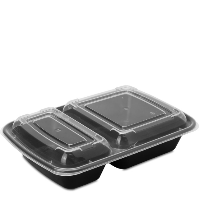 32 oz. Black Two Compartment Plastic Food Container Combo Pack with Divided Lid