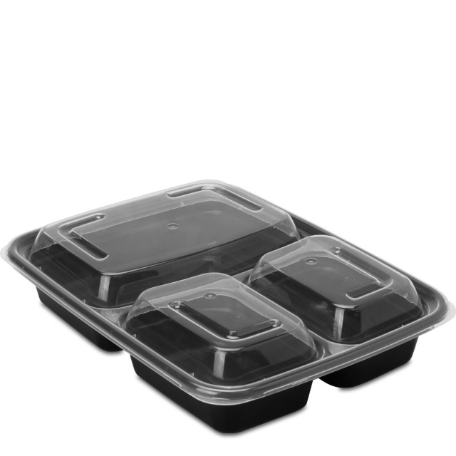 33 oz. Black Three Compartment Plastic Food Container Combo Pack with Divided Lid