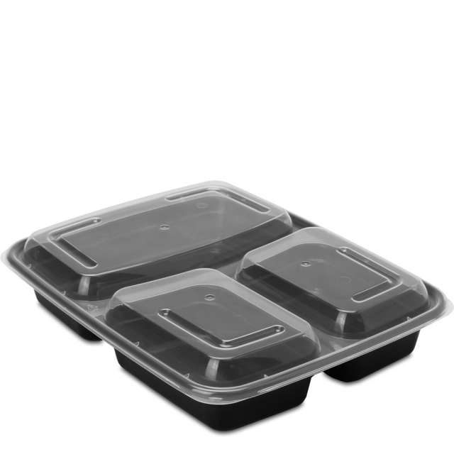 39 oz. Black Three Compartment Plastic Food Container Combo Pack with Divided Lid